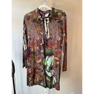 Virna Dro Abstract Floral Print Button Front Shirt Dress Tunic Green Brown